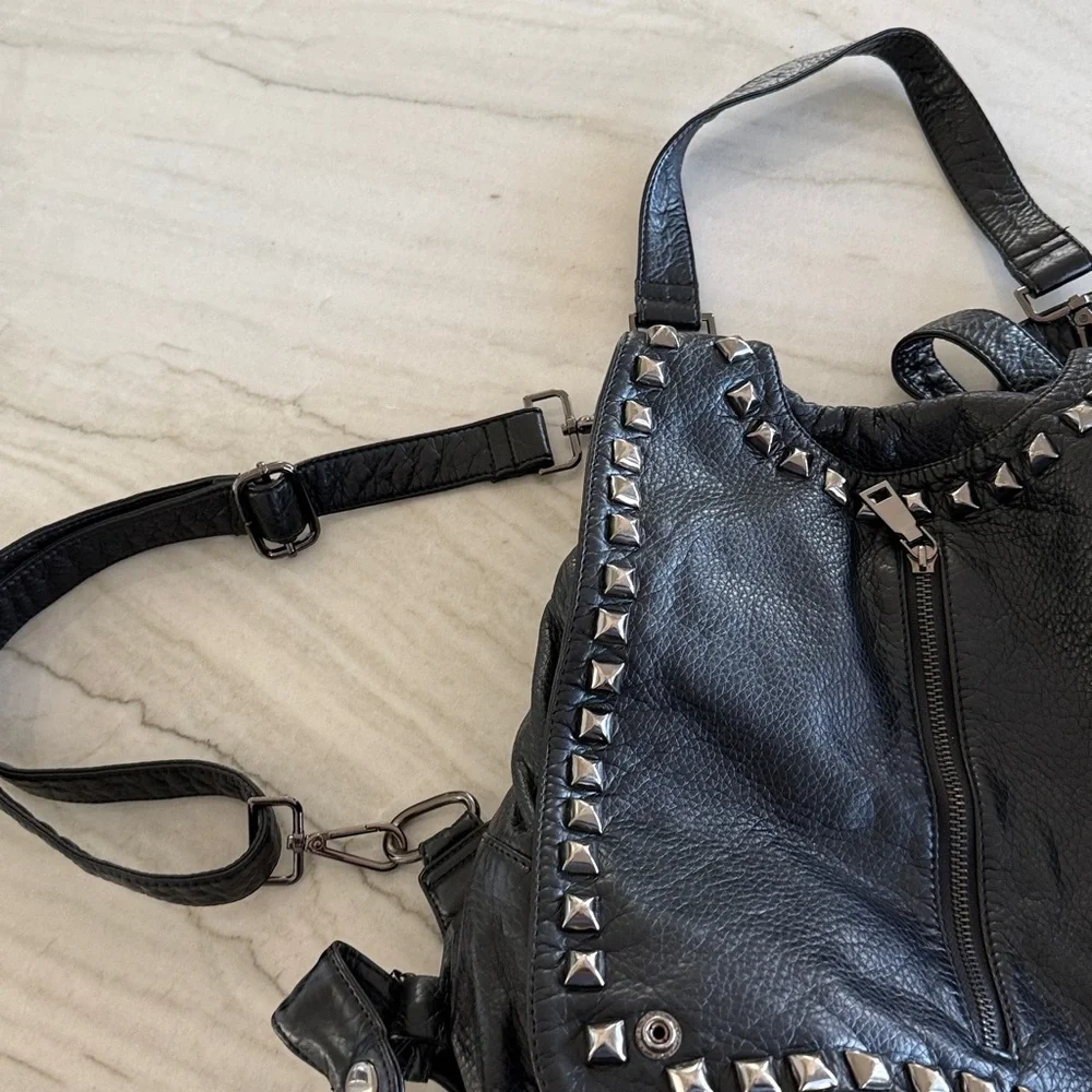 Women Backpack Purse Leather Vegan Ladies PU Washed Leather Shoulder Bag Black